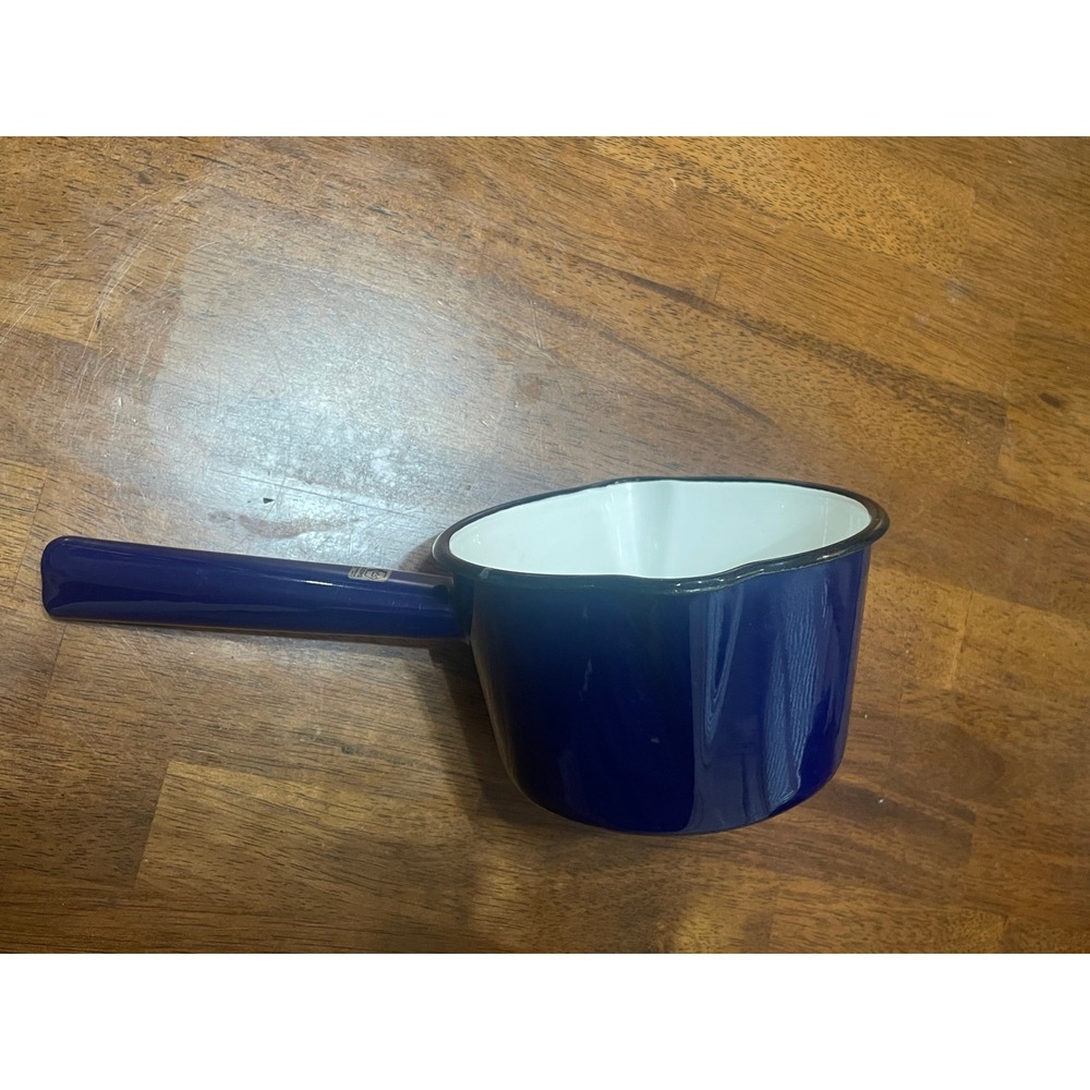 Kockums Sweden Cobalt Blue Enamel Saucepan Double Spout Mid Century Modern Pan